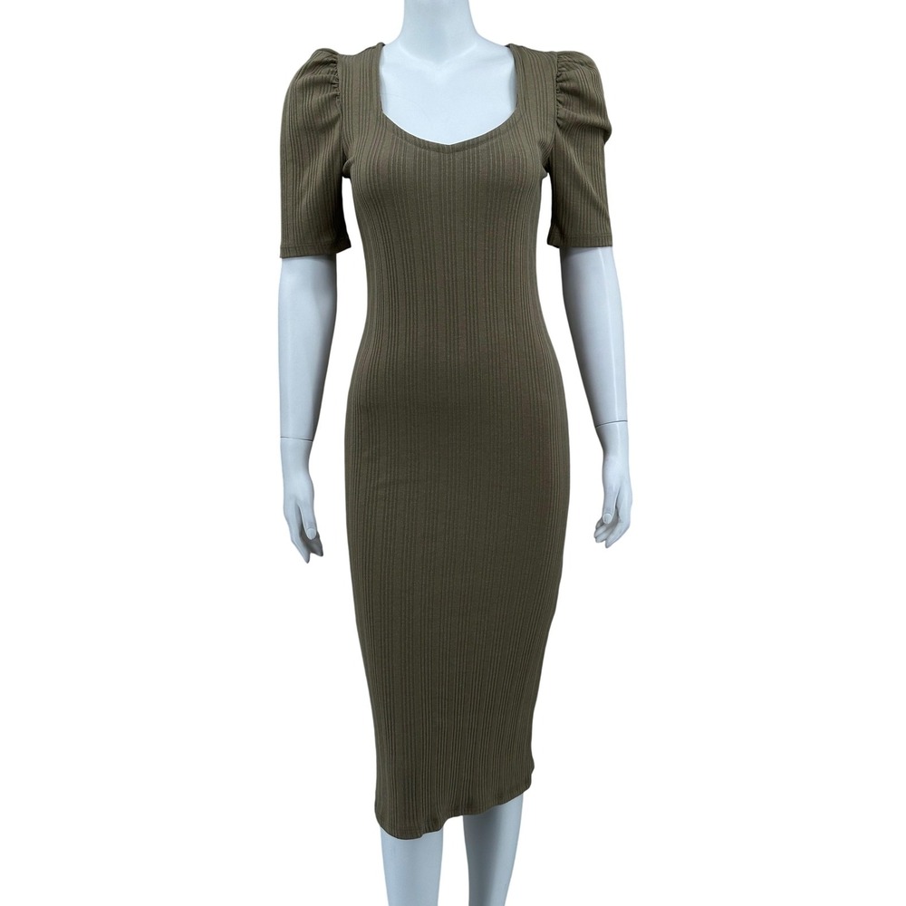 Nine West Dress Womens Small Brown Puff Sleeve‎ Ribbed Knit Midi Stretch Fitted